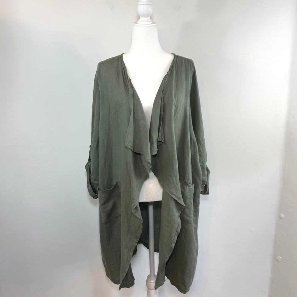 Nina Kendosa Linen Duster Cardigan Lagenlook Olive Boho Made Italy Oversized